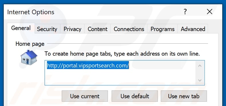 Removing vipsportsearch.com from Internet Explorer homepage