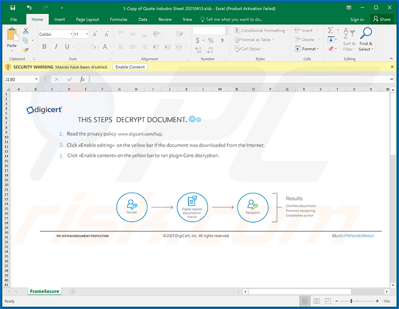 Malicious MS Excel document used to inject Warzone RAT
