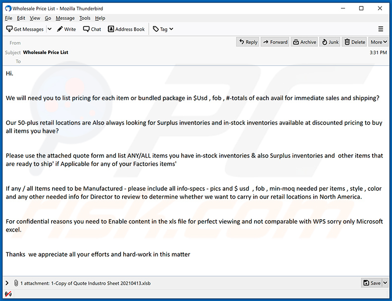 Spam email spreading Warzone RAT via attached MS Excel document