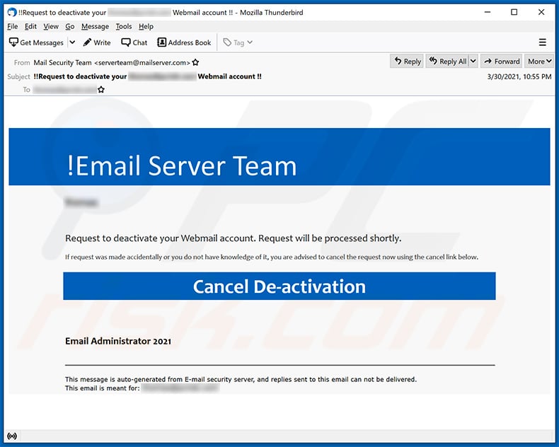 Webmail-themed spam email promoting a phishing website (2021-04-01)