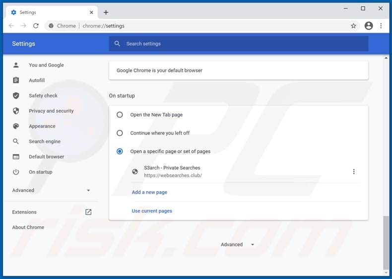 Removing websearches.club from Google Chrome homepage