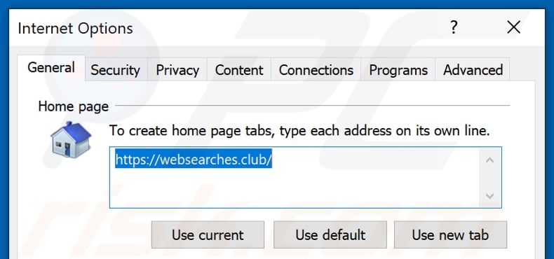 Removing websearches.club from Internet Explorer homepage