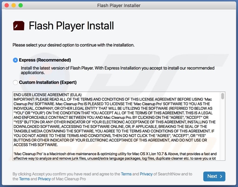 WebSearchUpgrade adware proliferated via fake Flash Player updater/installer