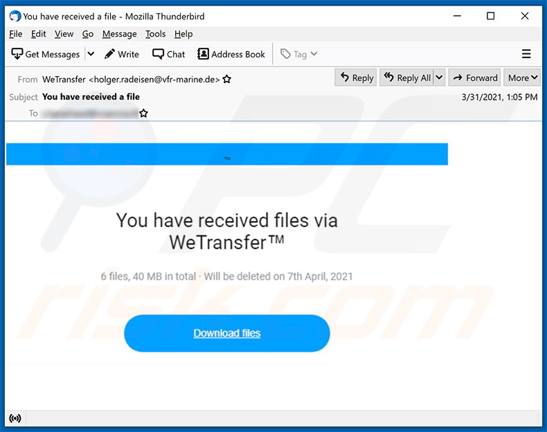 WeTransfer-themed spam email promoting a phishing website (2021-04-01)