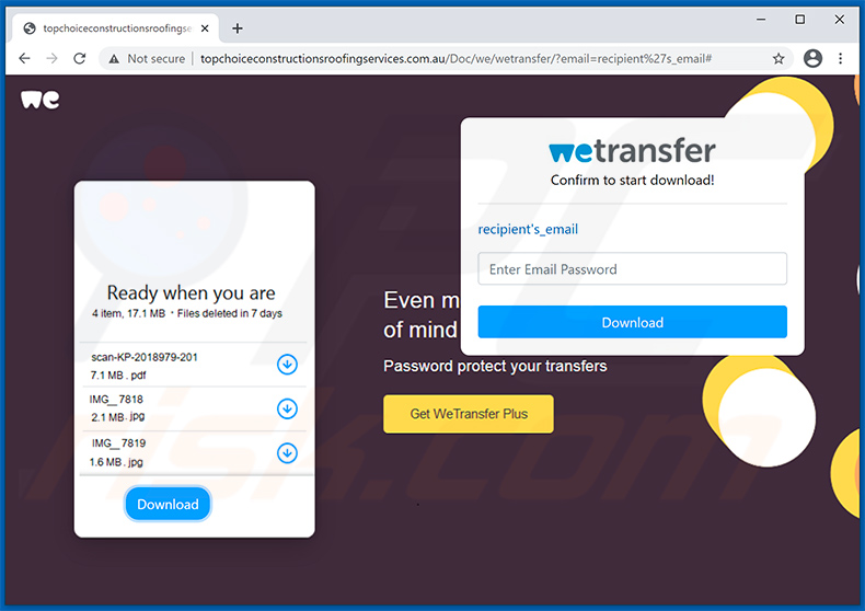 Phishing website promoted via WeTransfer-themed spam emails (2021-04-15)