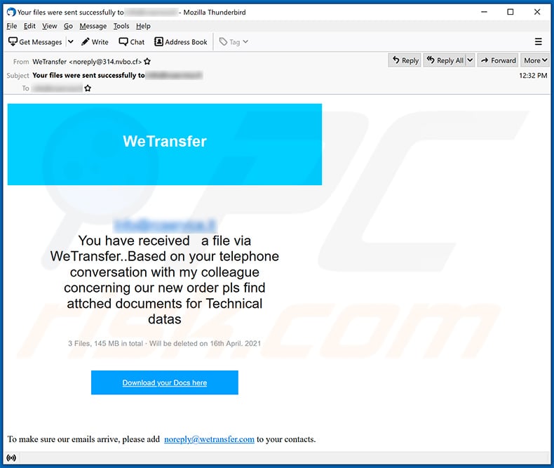 WeTransfer-themed spam email promoting a phishing website (2021-04-15)