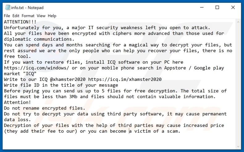 XHAMSTER ransomware text file (info.hta)