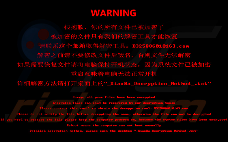XiaoBa ransomware updated desktop wallpaper