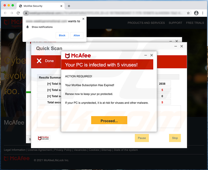 Your PC Is Infected With 5 Viruses pop-up scam (2021-04-08)