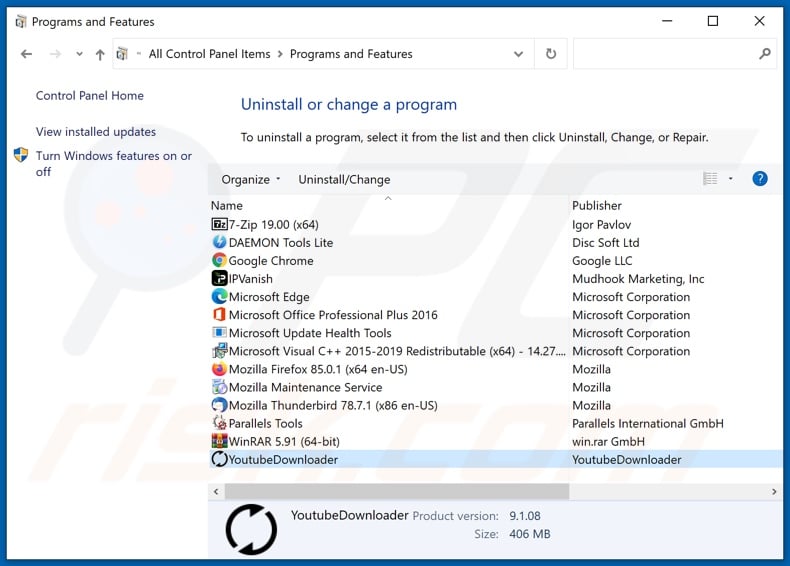 YoutubeDownloader adware uninstall via Control Panel