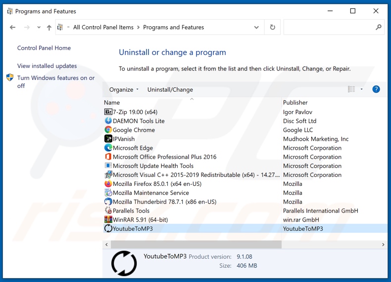 YoutubeToMP3 adware uninstall via Control Panel