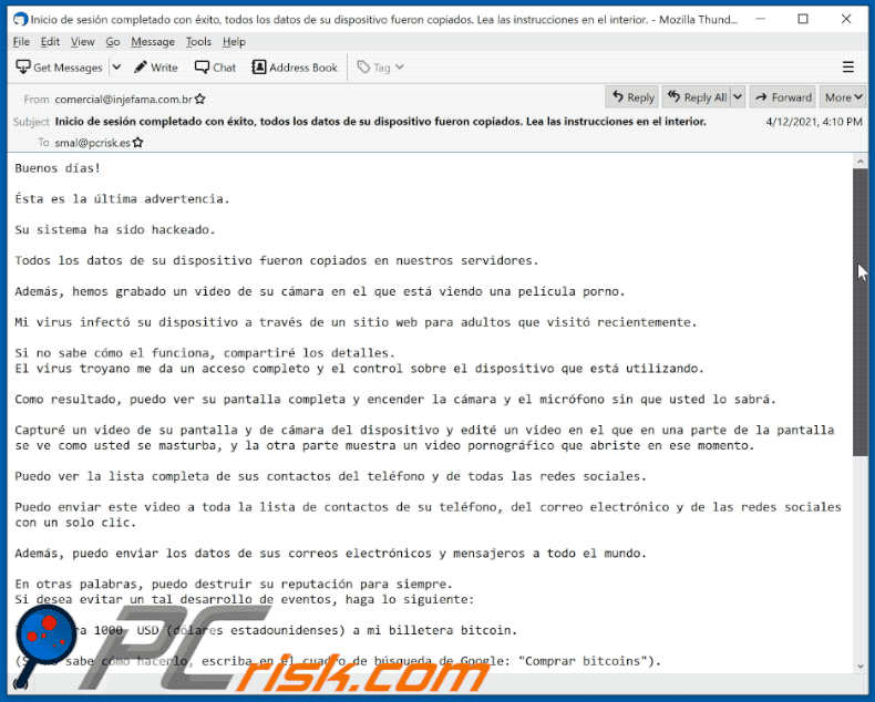 Spanish You've Been Hacked! spam email variant