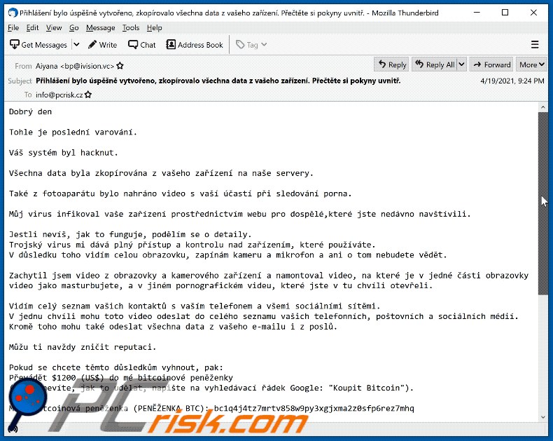 Czech variant of You've Been Hacked! email scam (2021-04-20)