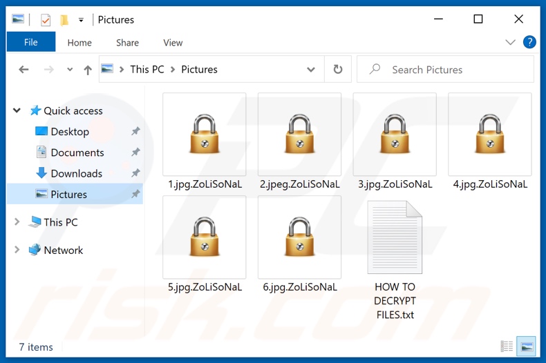 Files encrypted by ZoLiSoNaL ransomware (.ZoLiSoNaL extension)