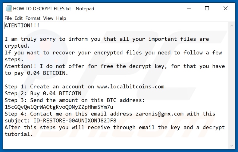 ZoLiSoNaL ransomware text file (HOW TO DECRYPT FILES.txt)