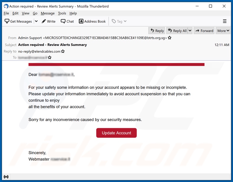 Account Missing Or Incomplete email spam campaign