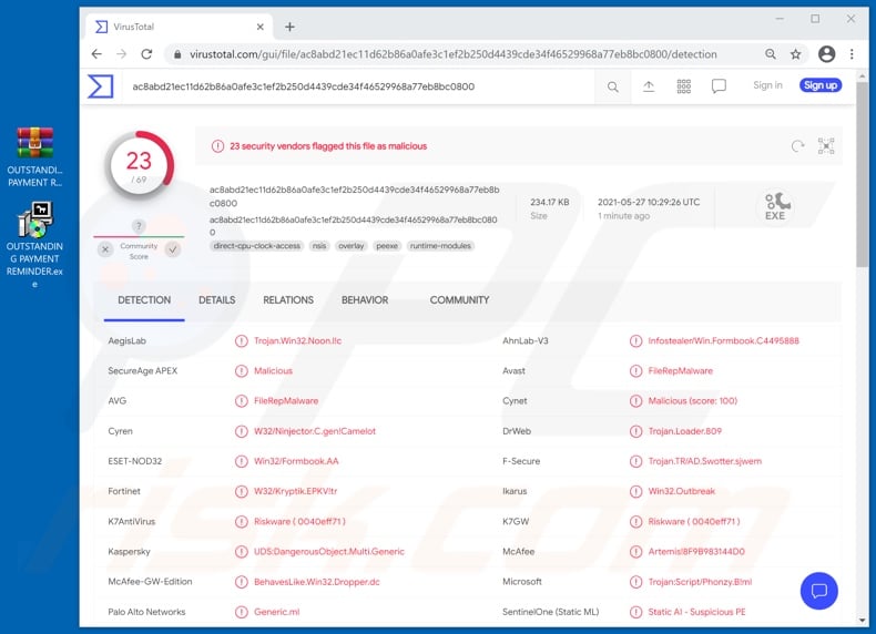 Accounts & Export Depart email virus attachment detections (OUTSTANDING PAYMENT REMINDER.exe)