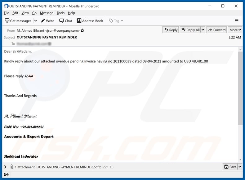 Accounts & Export Depart malware-spreading email spam campaign