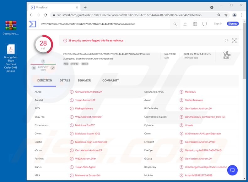 Alibaba scam email infectious attachment detections on VirusTotal (Guangzhou Bison Purchase Order 0403 pdf.exe filename)