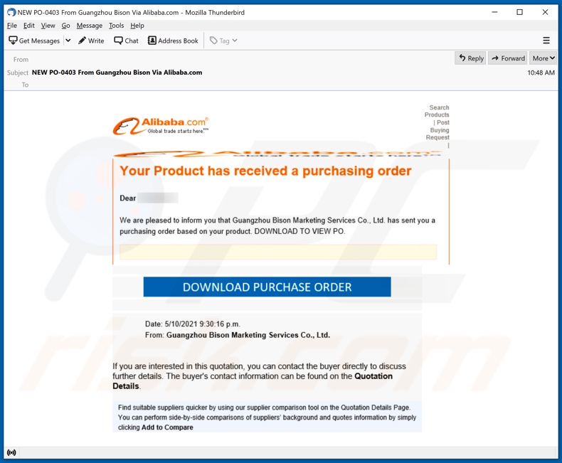 Alibaba malware-spreading email spam campaign