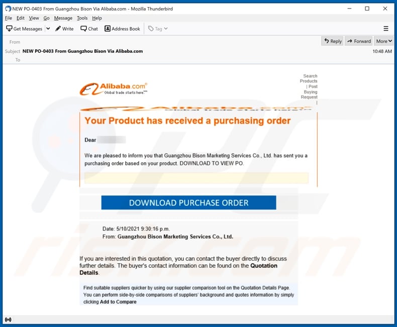 Alibaba malware-spreading email spam campaign