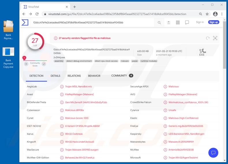 Bank Payment Copy email virus attachment detections (Bank Payment Copy.exe filename)