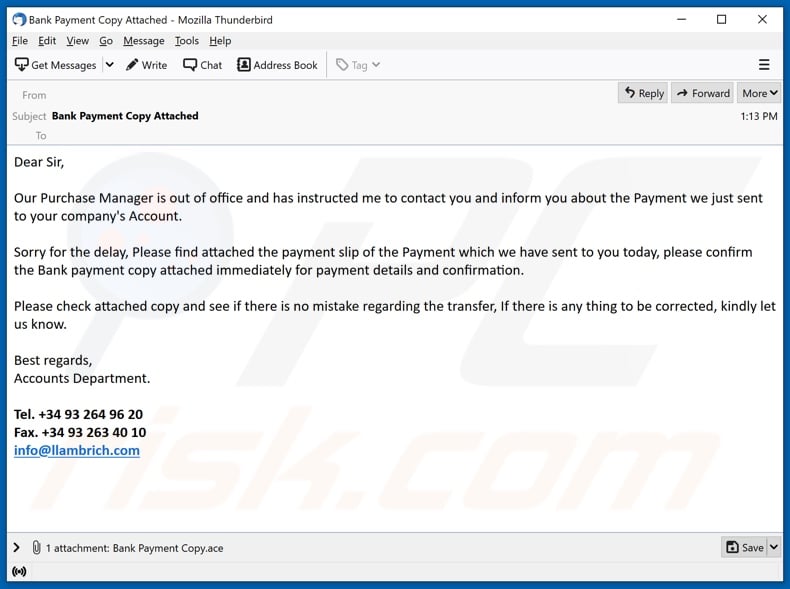 Bank Payment Copy malware-spreading email spam campaign