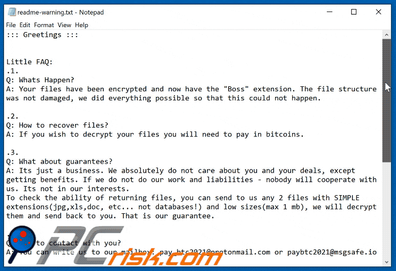 boss ransomware ransom note appearance
