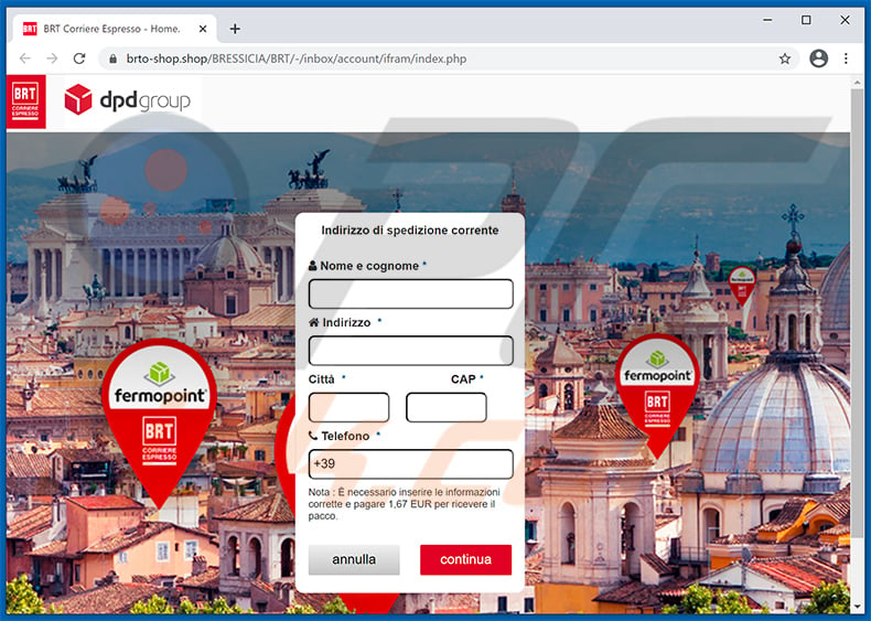 BRT-themed phishing website promoted via spam emails