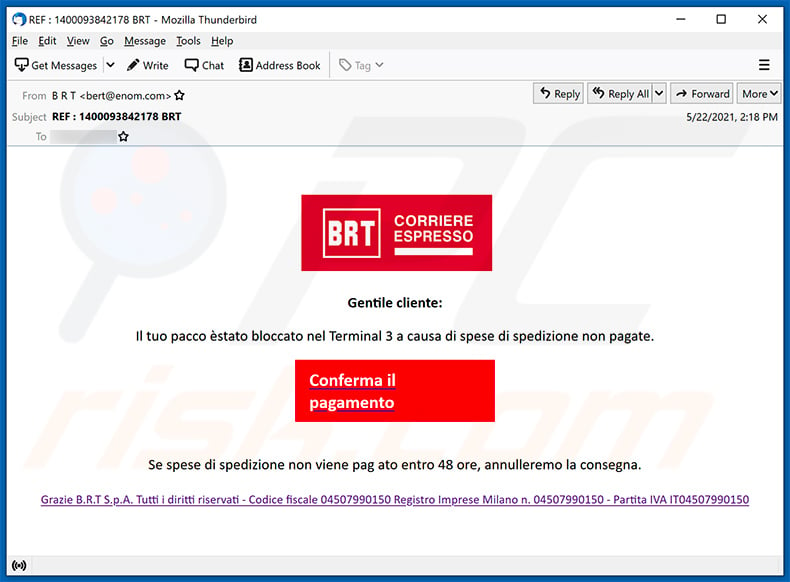BRT-themed spam email promoting a phishing website