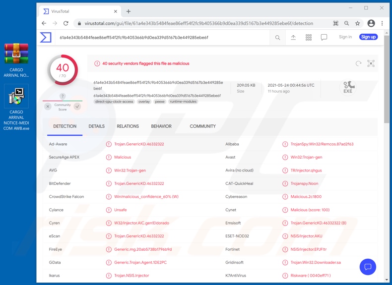 CARGO ARRIVAL NOTICE email virus attachment detections (CARGO ARRIVAL NOTICE-MEDICOM AWB.exe)