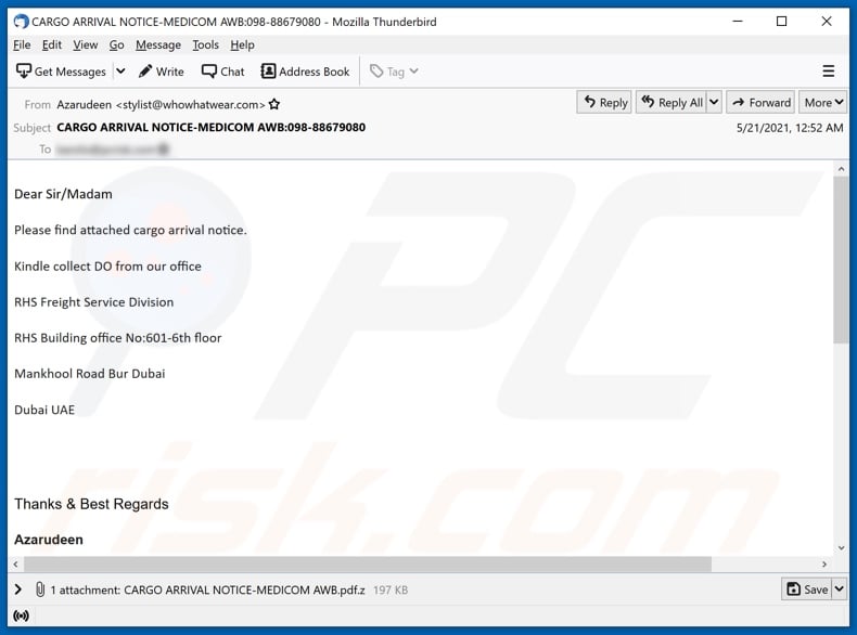 CARGO ARRIVAL NOTICE malware-spreading email spam campaign