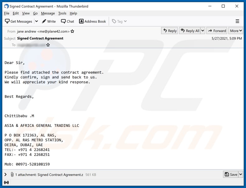 Contract Agreement email virus malware-spreading email