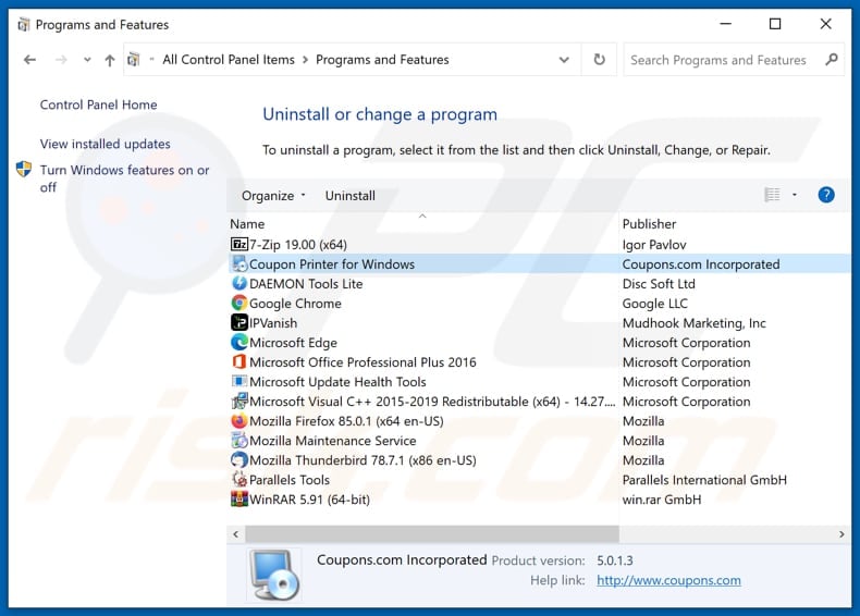 Coupon Printer adware uninstall via Control Panel