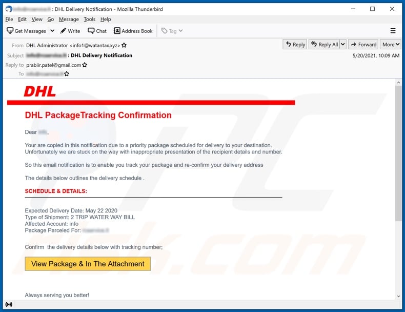 DHL Package Tracking Confirmation email spam campaign