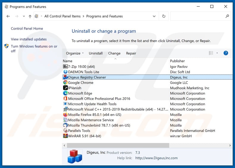 Digeus Registry Cleaner adware uninstall via Control Panel