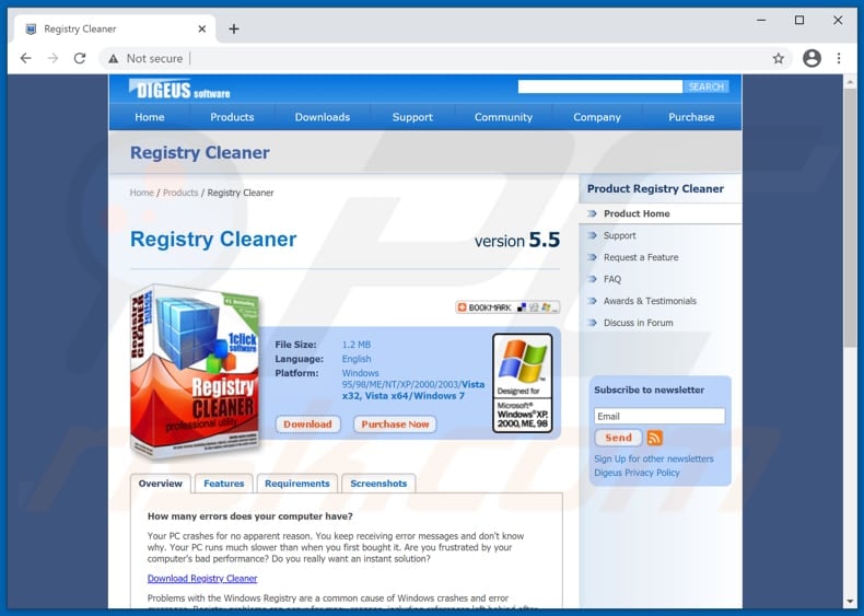 Website used to promote Digeus Registry Cleaner PUA