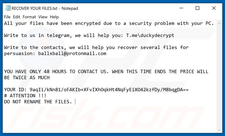 Ducky ransomware text file (RECOVER YOUR FILES.txt)