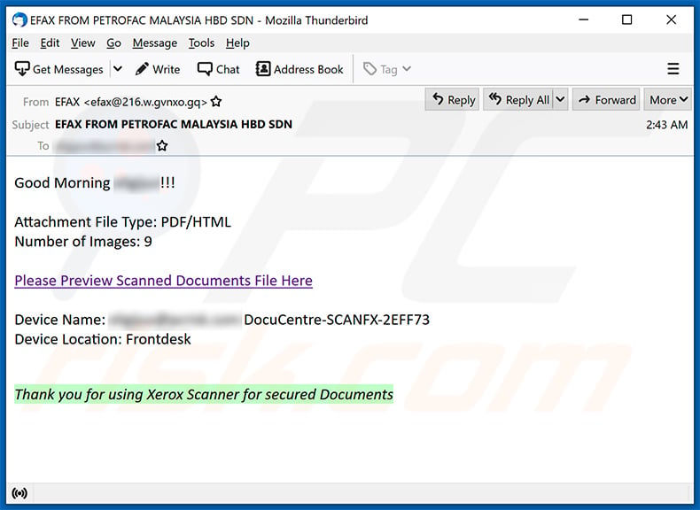 eFax-themed spam email promoted a phishing website (2021-05-25)