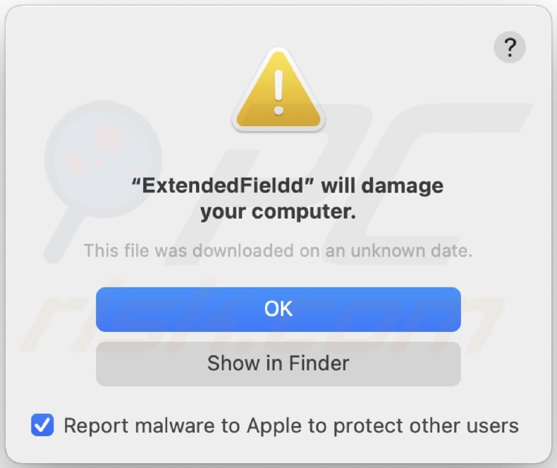 Pop-up displayed when ExtendedField adware is installed onto the system
