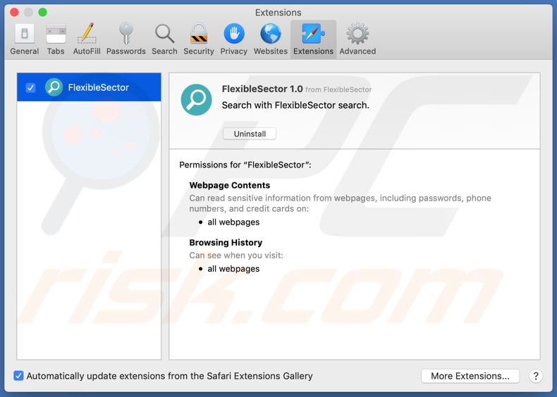 flexiblesector adware installed on safari