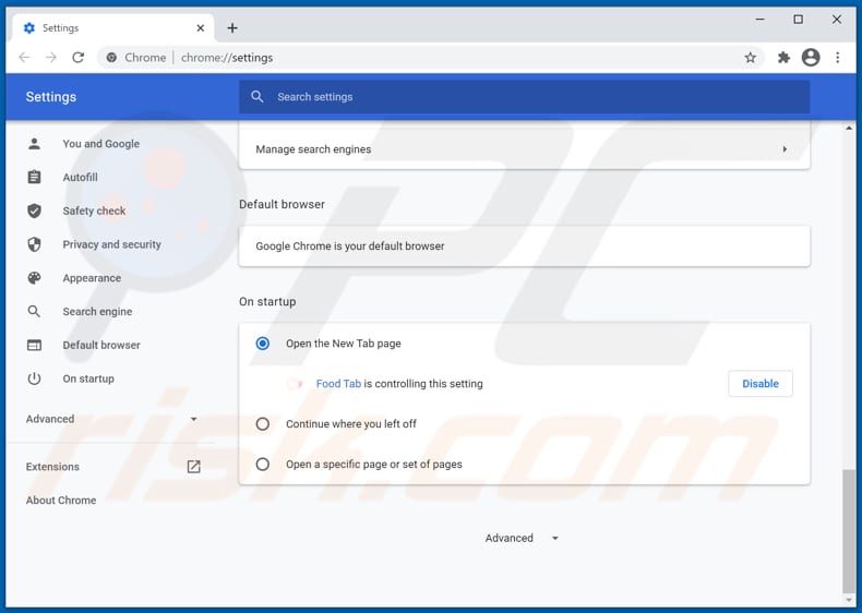Removing foodtab.club from Google Chrome homepage