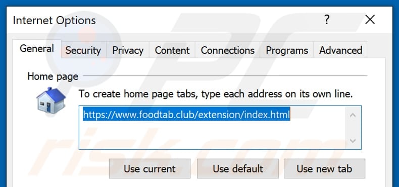 Removing foodtab.club from Internet Explorer homepage