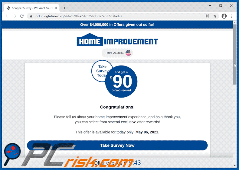 home improvement reward scam website appearance