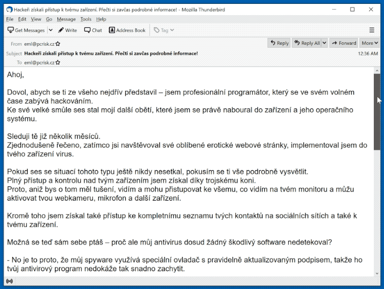Czech variant of I Am A Professional Programmer Who Specializes In Hacking Email Scam