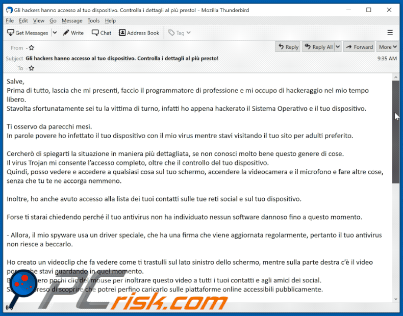 Italian variant of I Am A Professional Programmer Who Specializes In Hacking email scam