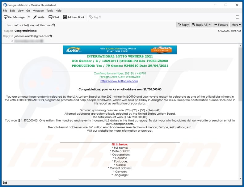 iLotto email spam campaign