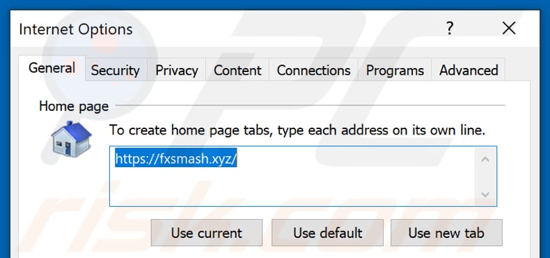 Removing fxsmash.xyz from Internet Explorer homepage