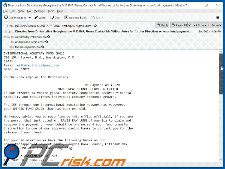 INTERNATIONAL MONETARY FUND email scam (2021-05-06)