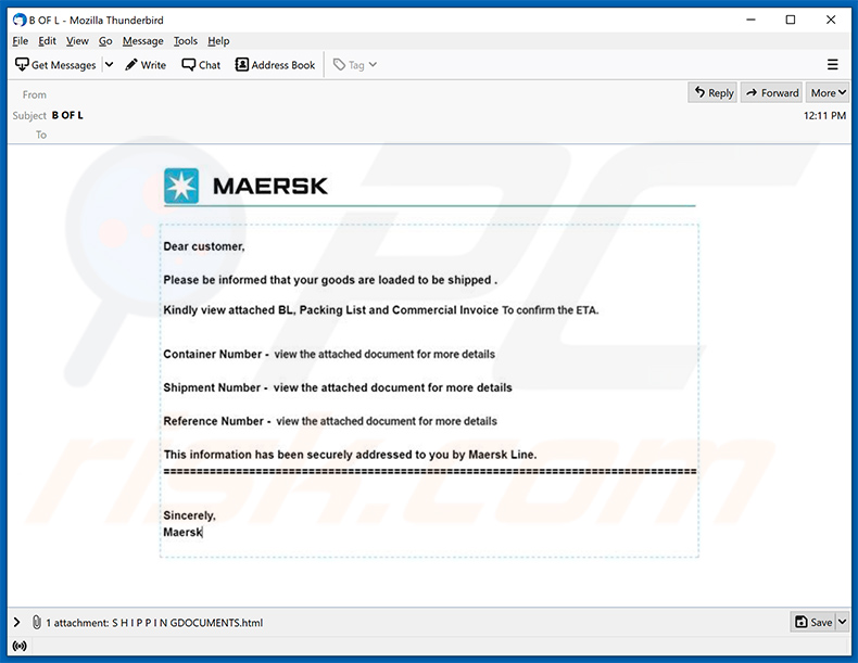 Maersk-themed spam email promoting a phishing HTML file